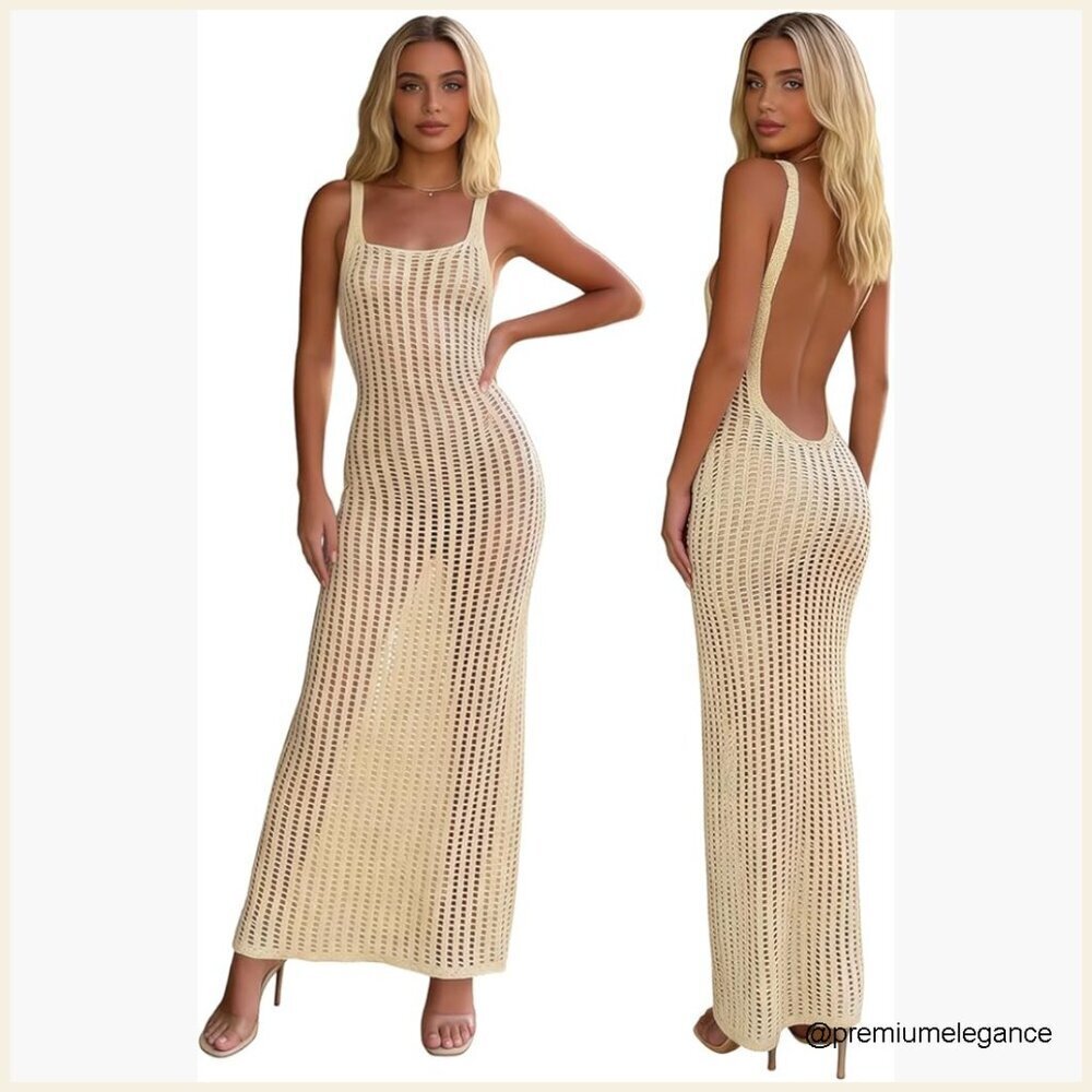 Medium Maxi Dress Polyester Cotton Crochet Backless Hollow Out Beach